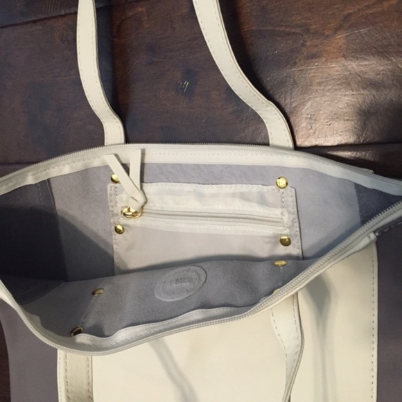 Joy Mangano genuine leather Tote Color: Gray/cream - Picture 4 of 7